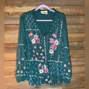 Savanna Jane Dark Teal Floral Embroidered Long Sleeve Top Women’s Plus Size 3X